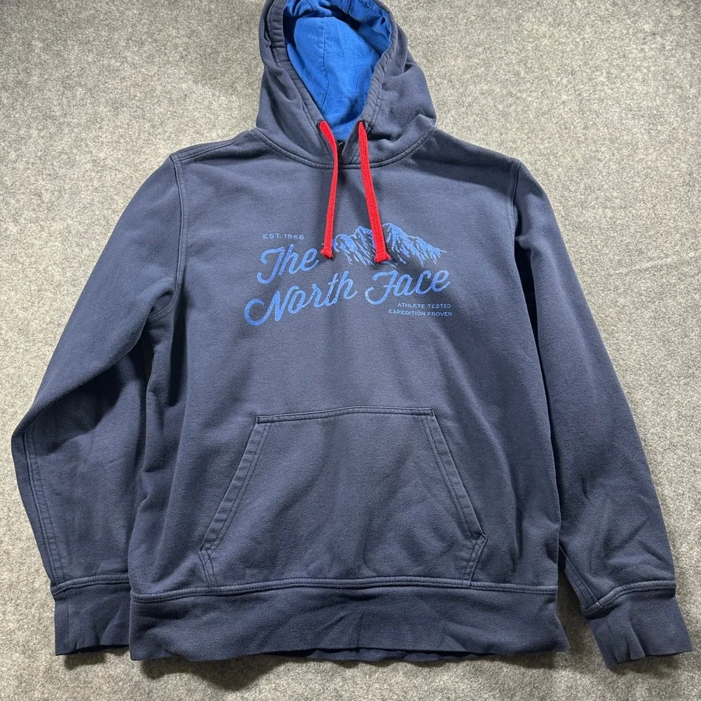 The North Face Hoodie‎ Mens Medium Navy Blue Graphic Fleece Pullover Sweatshirt